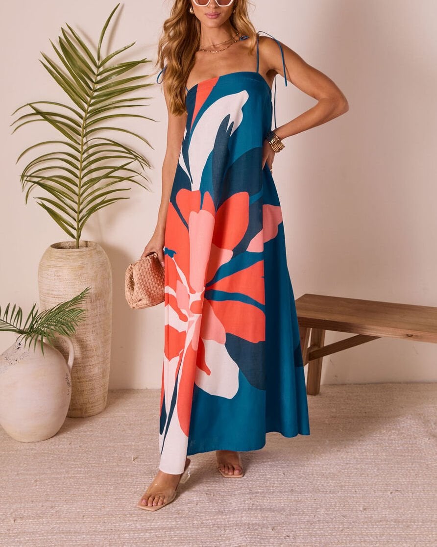 BLUE-SALMON-FLORAL DRESS L - BLUE-SALMON-FLORAL