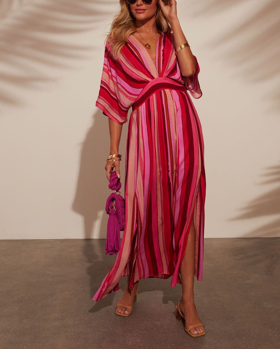 PINK-RED-STRIPED DRESS L - PINK-RED-STRIPED