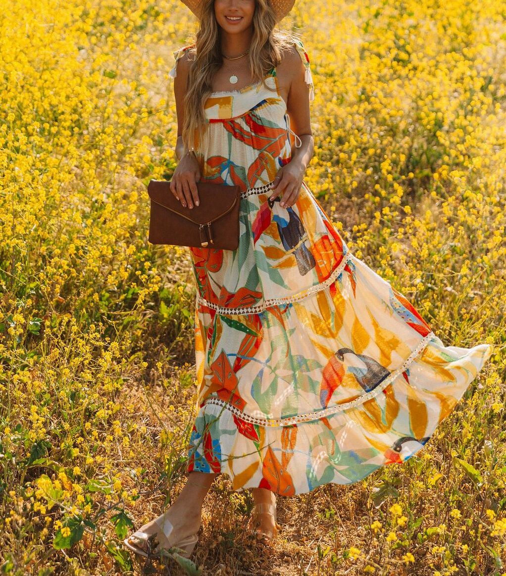 ECRU-ORANGE-FLORAL DRESS M - ECRU-ORANGE-FLORAL