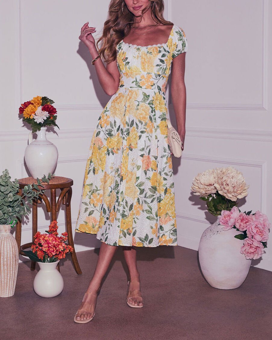 YELLOW-ECRU-FLORAL DRESS M - YELLOW-ECRU-FLORAL