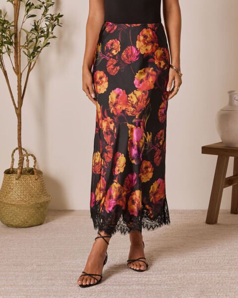BLACK-ORANGE-FLORAL SKIRT S - BLACK-ORANGE-FLORAL