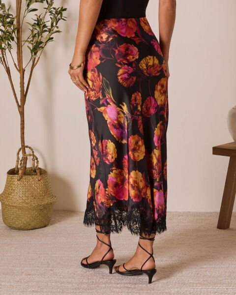 BLACK-ORANGE-FLORAL SKIRT S - BLACK-ORANGE-FLORAL