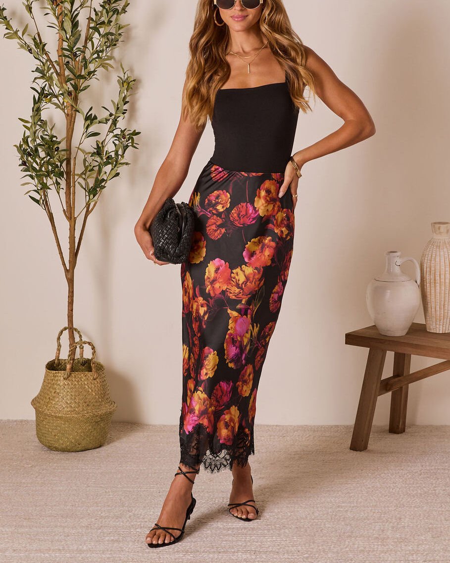 BLACK-ORANGE-FLORAL SKIRT M - BLACK-ORANGE-FLORAL