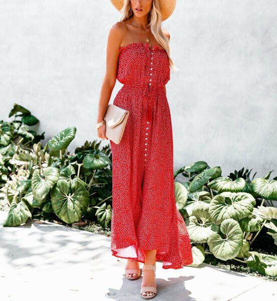 CORAL-ECRU-POLKA-DOT DRESS M - CORAL-ECRU-POLKA-DOT