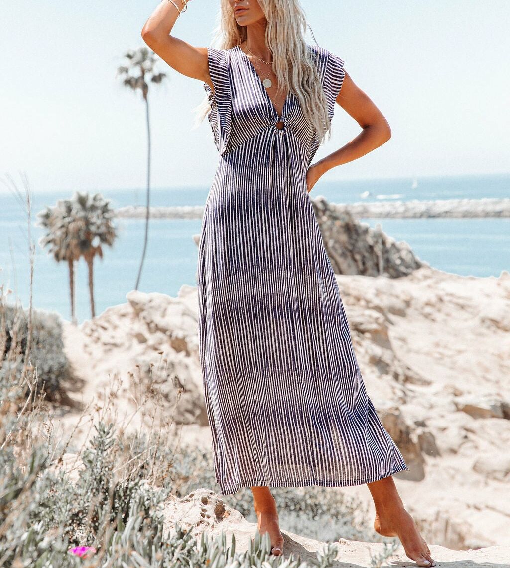 BLUE-ECRU-STRIPED DRESS XL - BLUE-ECRU-STRIPED