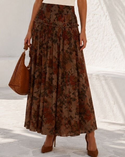 BROWN-FLORAL SKIRT XL - BROWN-FLORAL