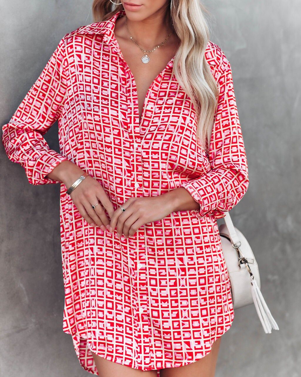 RED-ECRU-PATTERNED DRESS