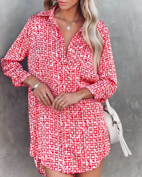 RED-ECRU-PATTERNED DRESS