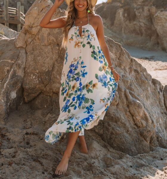 ECRU-BLUE-FLORAL DRESS S - ECRU-BLUE-FLORAL