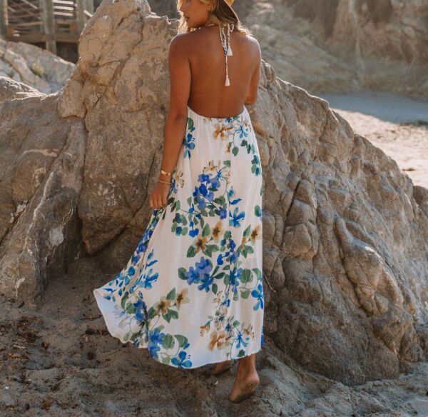 ECRU-BLUE-FLORAL DRESS L - ECRU-BLUE-FLORAL