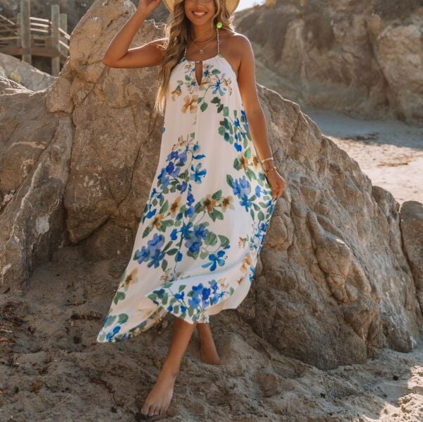 ECRU-BLUE-FLORAL DRESS XL - ECRU-BLUE-FLORAL