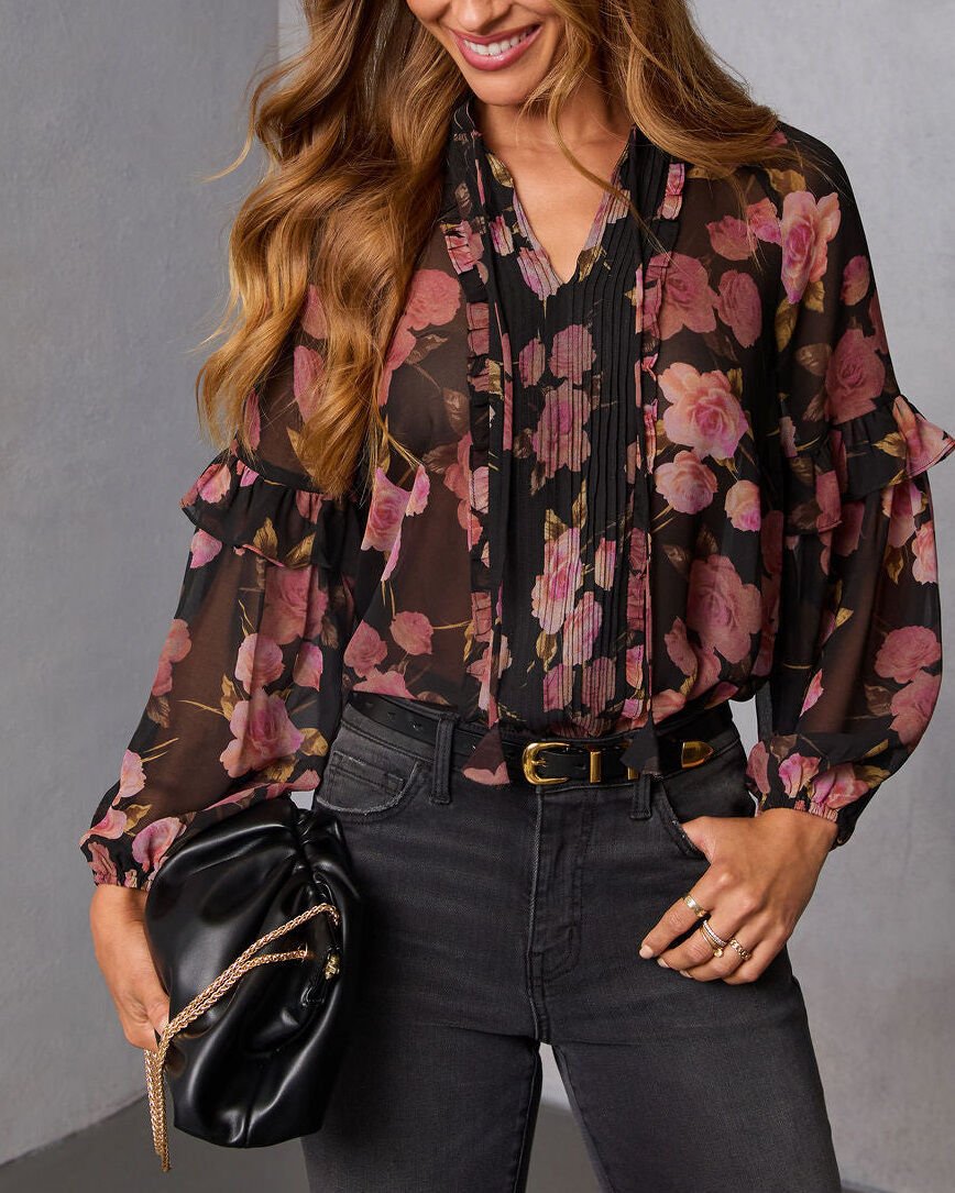 BLACK-PINK-FLORAL BLOUSE L - BLACK-PINK-FLORAL