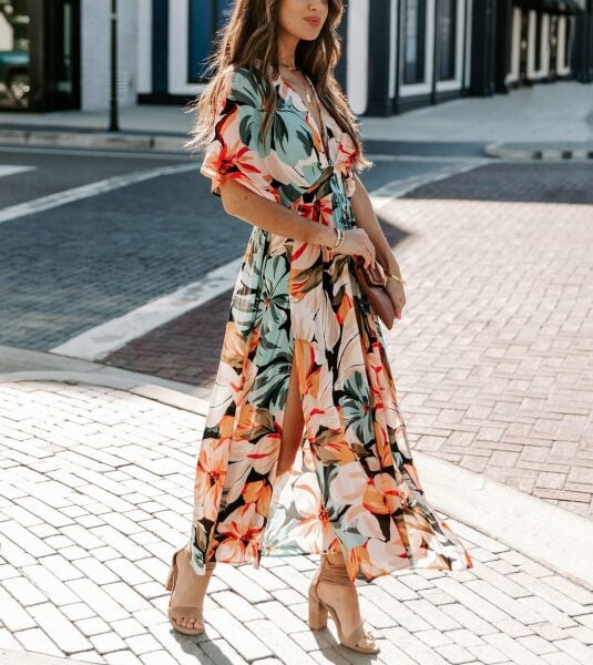 BLACK-SALMON-FLORAL DRESS L - BLACK-SALMON-FLORAL