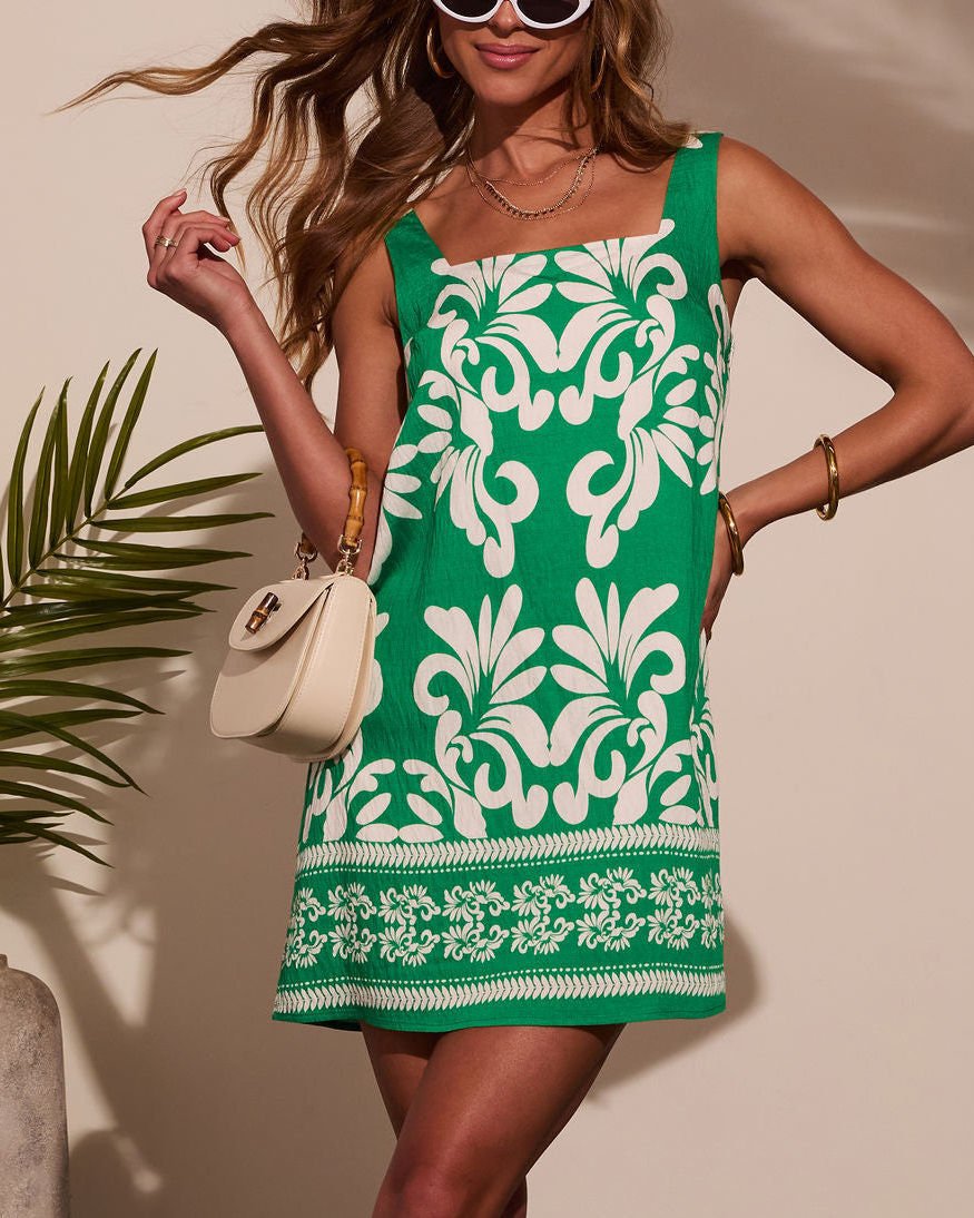 GREEN-WHITE-PRINTED  DRESS