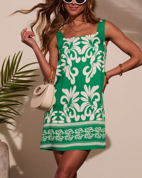 GREEN-WHITE-PRINTED  DRESS
