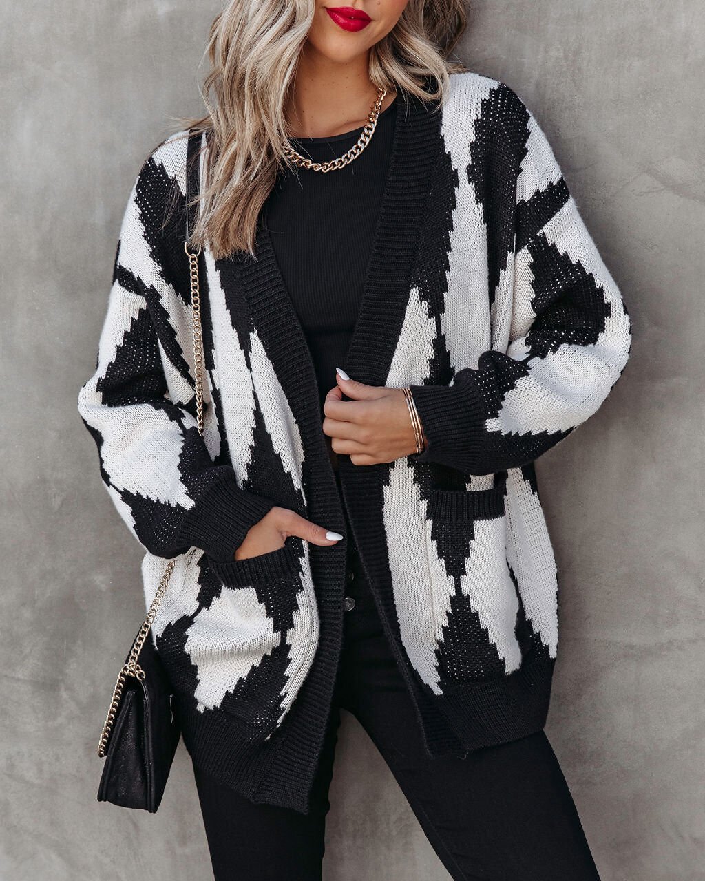 BLACK-ECRU-PLAID CARDIGAN L - BLACK-ECRU-PLAID
