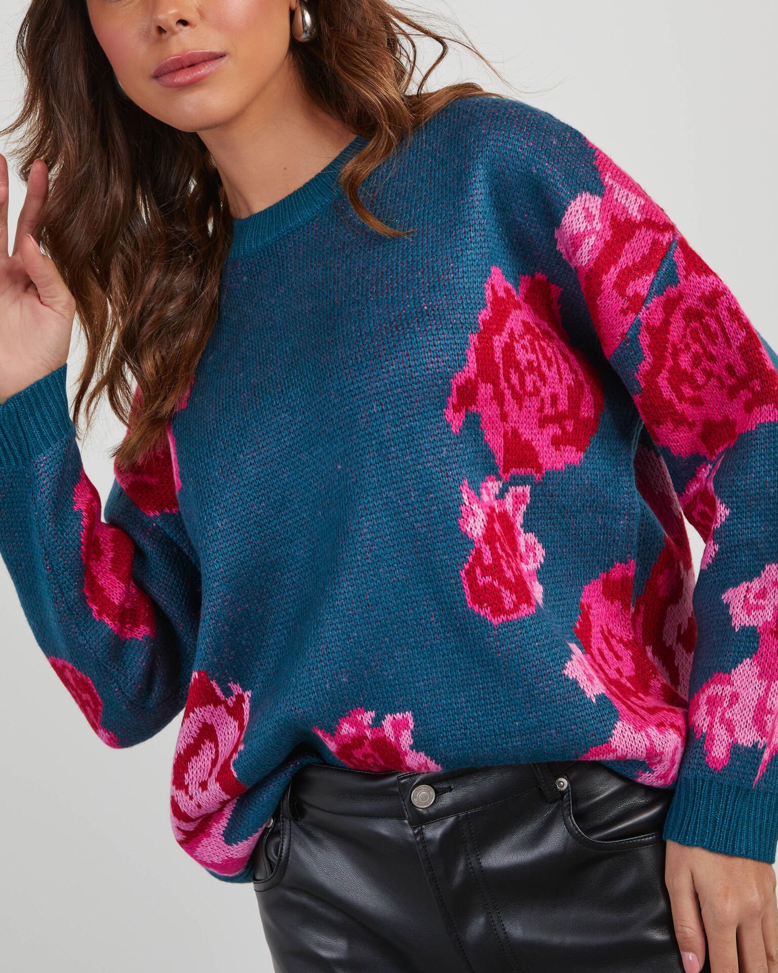 TEAL-RED-FLORAL SWEATER L - TEAL-RED-FLORAL