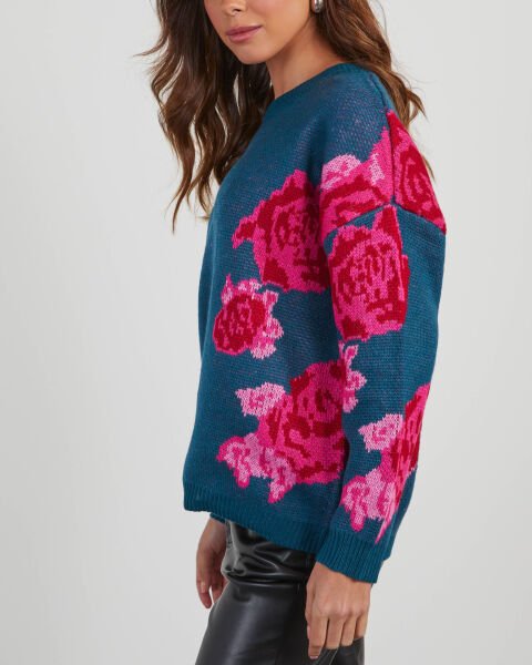 TEAL-RED-FLORAL SWEATER XL - TEAL-RED-FLORAL