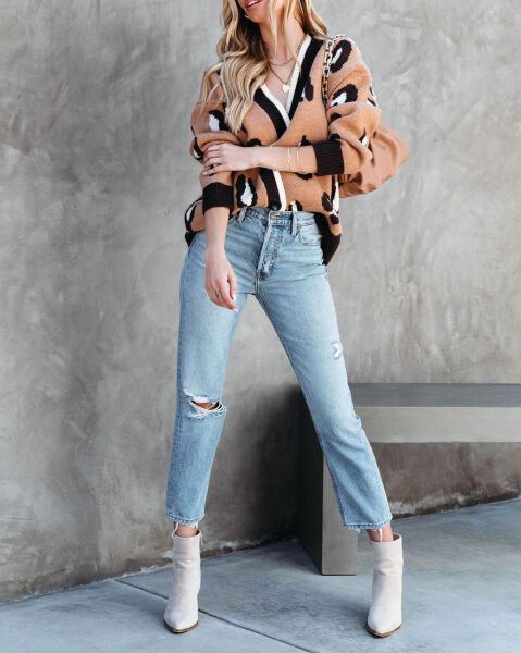 CAMEL-BLACK-PRINTED CARDIGAN