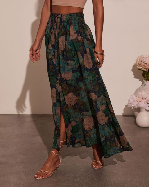 GREEN-FLORAL SKIRT