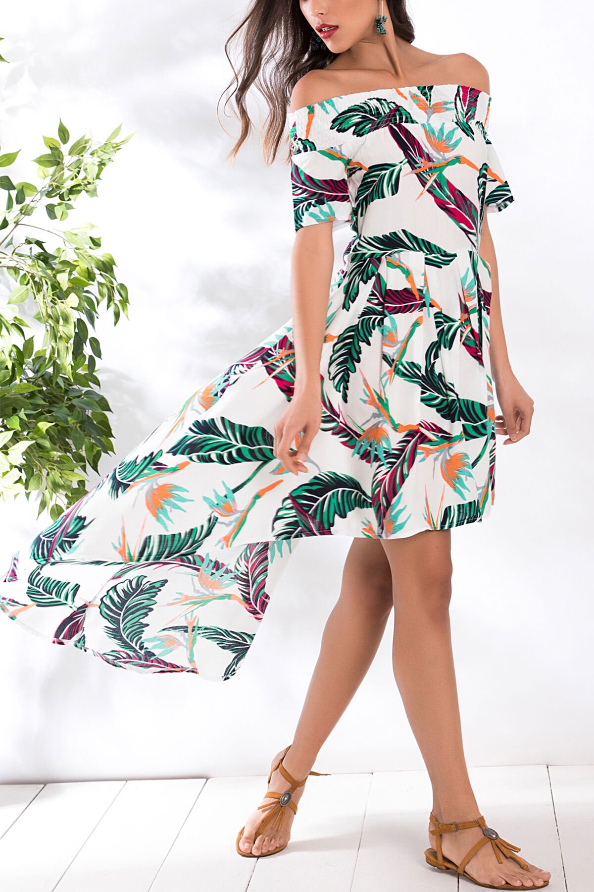 ECRU-GREEN-FLORAL DRESS M - ECRU-GREEN-FLORAL