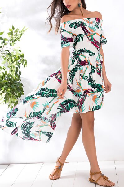 ECRU-GREEN-FLORAL DRESS L - ECRU-GREEN-FLORAL