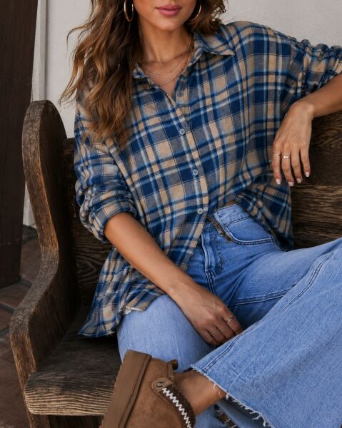 NAVY-TAUPE-PLAID SHIRT M - NAVY-TAUPE-PLAID