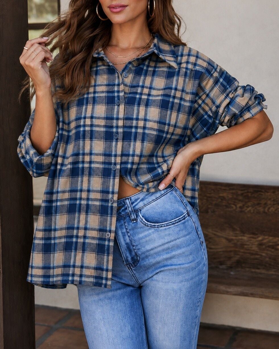 NAVY-TAUPE-PLAID SHIRT XL - NAVY-TAUPE-PLAID