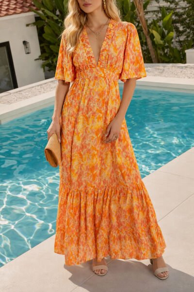 ORANGE-FLORAL DRESS L - ORANGE-FLORAL