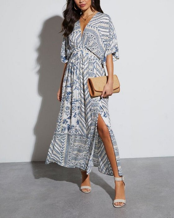 WHITE-NAVY-PRINTED DRESS S - WHITE-NAVY-PRINTED
