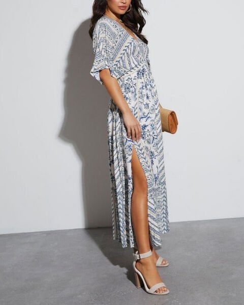 WHITE-NAVY-PRINTED DRESS S - WHITE-NAVY-PRINTED