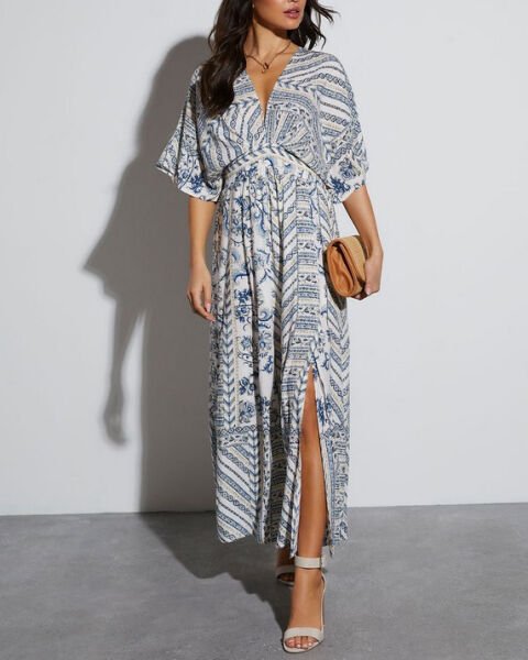 WHITE-NAVY-PRINTED DRESS XL - WHITE-NAVY-PRINTED