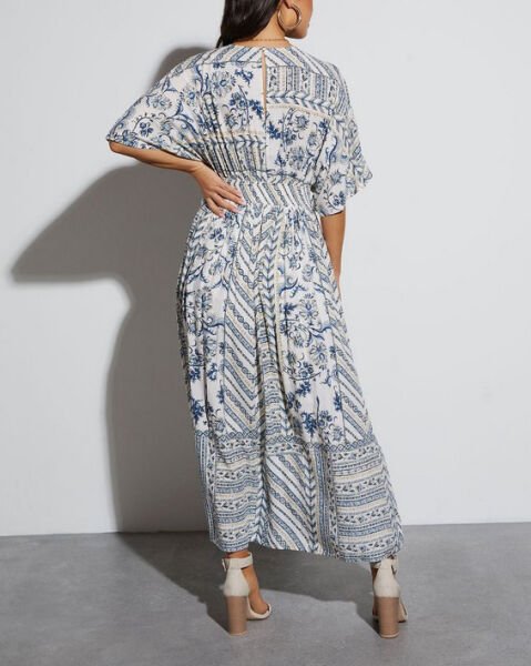 WHITE-NAVY-PRINTED DRESS XL - WHITE-NAVY-PRINTED