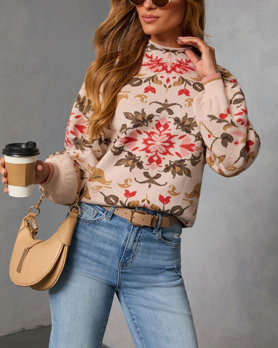 CREAM-RED-FLORAL SWEATER L - CREAM-RED-FLORAL