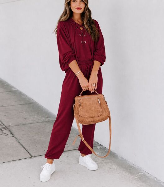 BURGUNDY SWEATSHIRT AND PANTS SET L - BURGUNDY