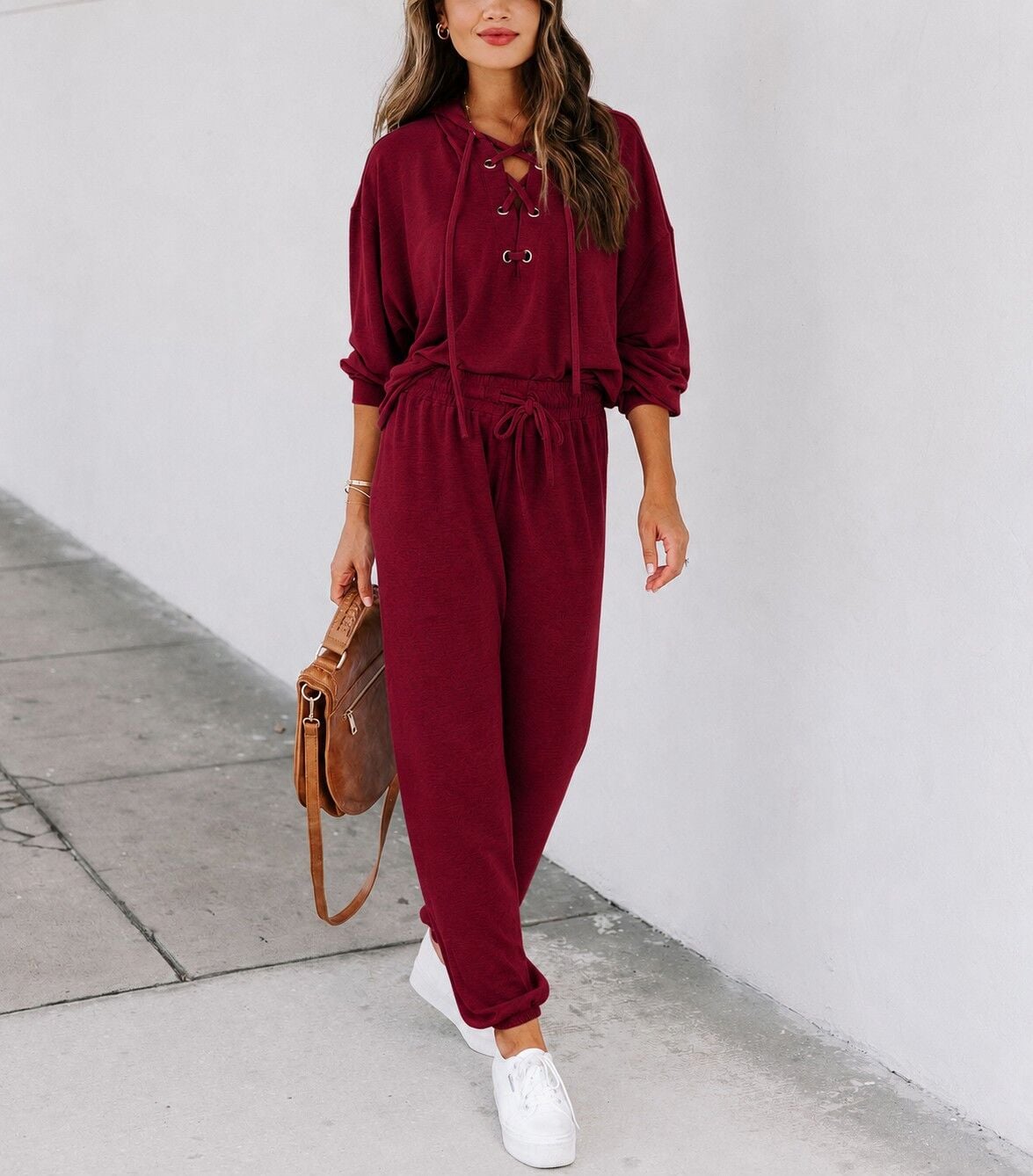 BURGUNDY SWEATSHIRT AND PANTS SET L - BURGUNDY