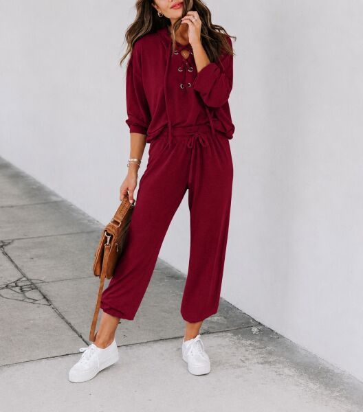 BURGUNDY SWEATSHIRT AND PANTS SET L - BURGUNDY