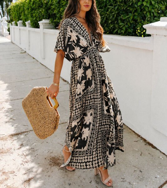 BLACK-ECRU-PRINTED DRESS XL - BLACK-ECRU-PRINTED