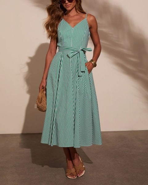 GREEN-WHITE-STRIPED  DRESS