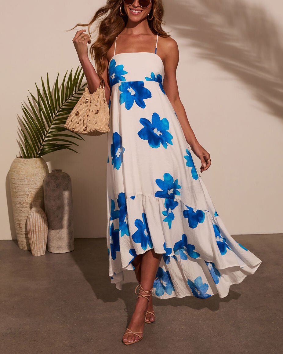 BLUE-WHITE-FLORAL DRESS L - BLUE-WHITE-FLORAL