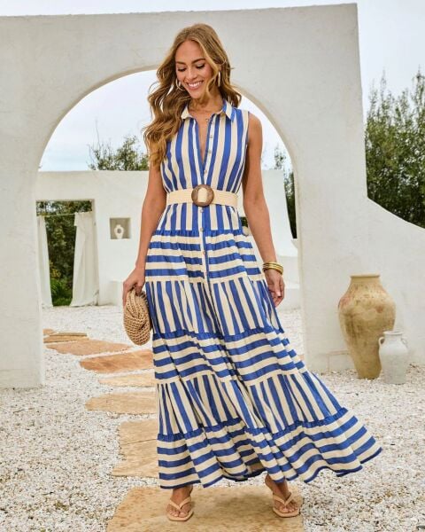 BLUE-ECRU-STRIPED DRESS