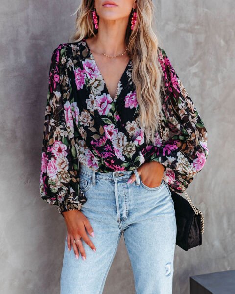BLACK-FLORAL BLOUSE