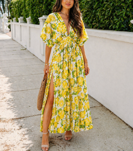 ECRU-YELLOW-FLORAL DRESS XL - ECRU-YELLOW-FLORAL