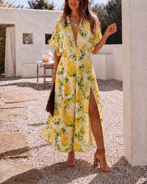 ECRU-YELLOW-PRINTED DRESS L - ECRU-YELLOW-PRINTED