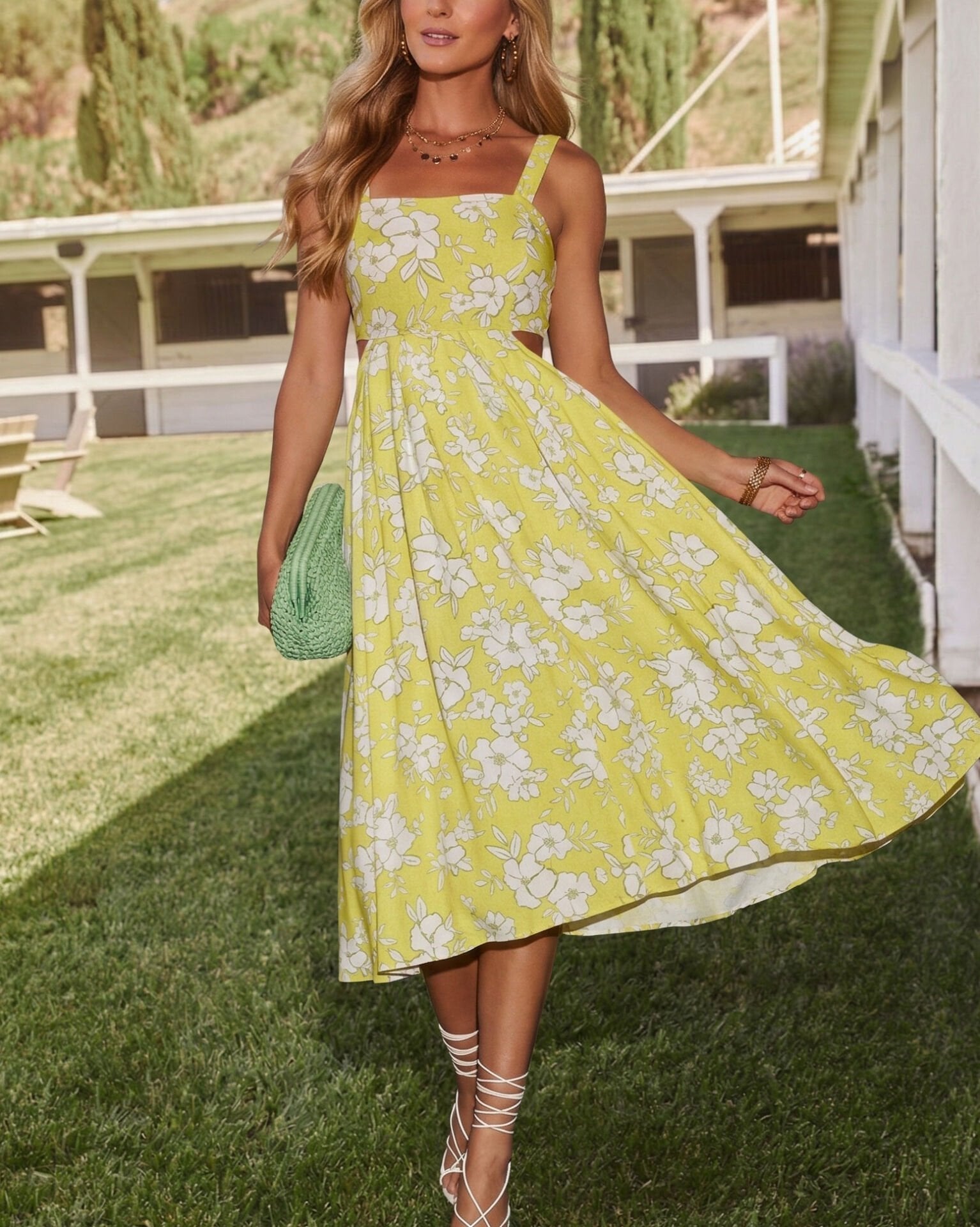LIME-ECRU-FLORAL DRESS S - LIME-ECRU-FLORAL