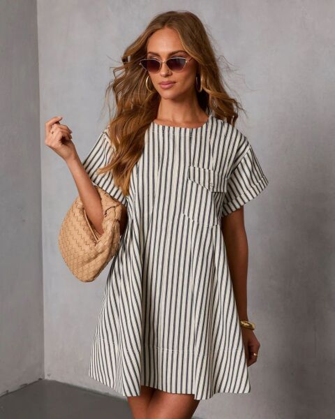 CREAM-NAVY-STRIPED DRESS