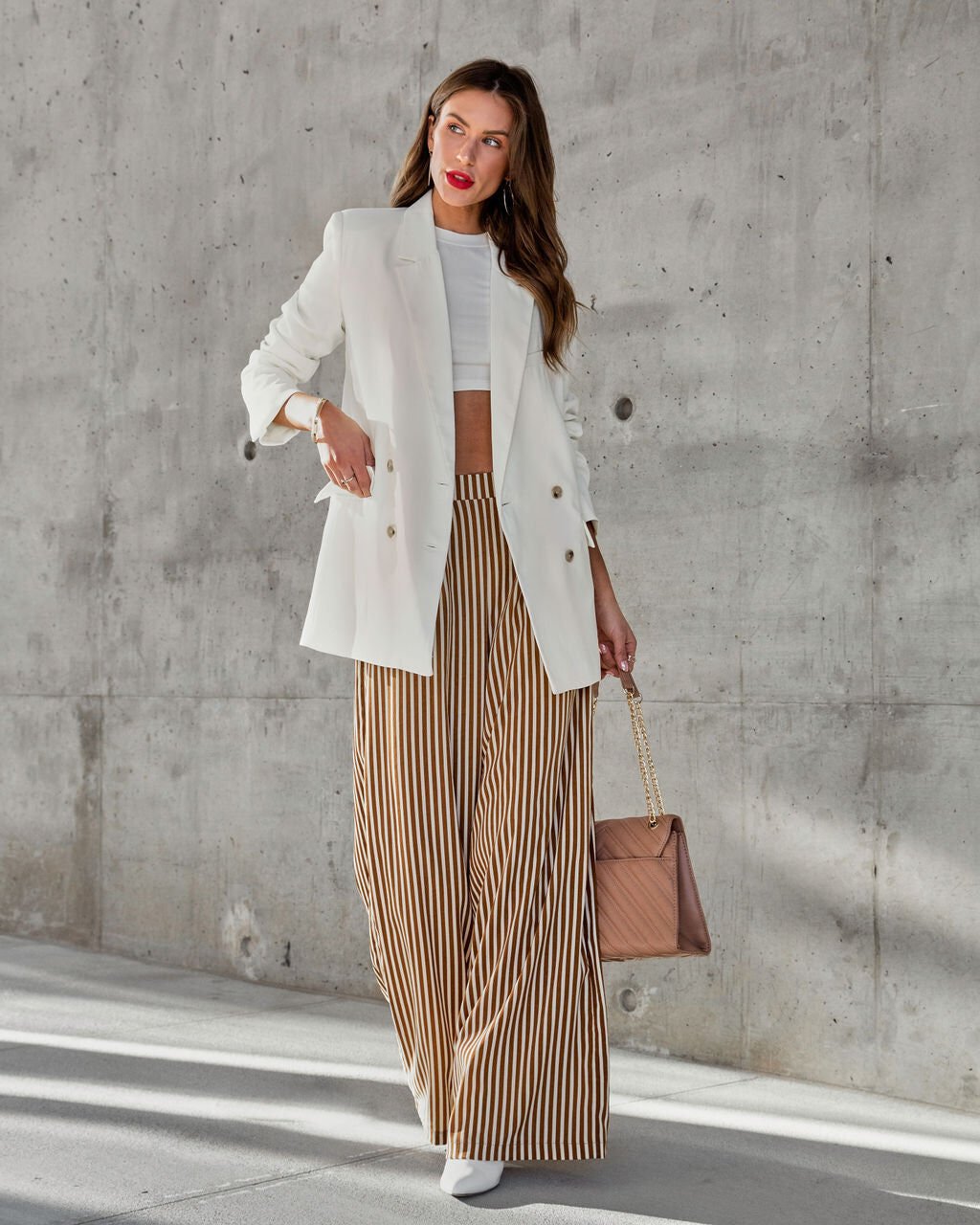 BROWN-ECRU-STRIPED PANTS M - BROWN-ECRU-STRIPED