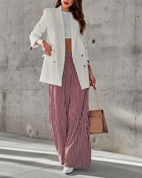 BURGUNDY-ECRU-STRIPED PANTS M - BURGUNDY-ECRU-STRIPED