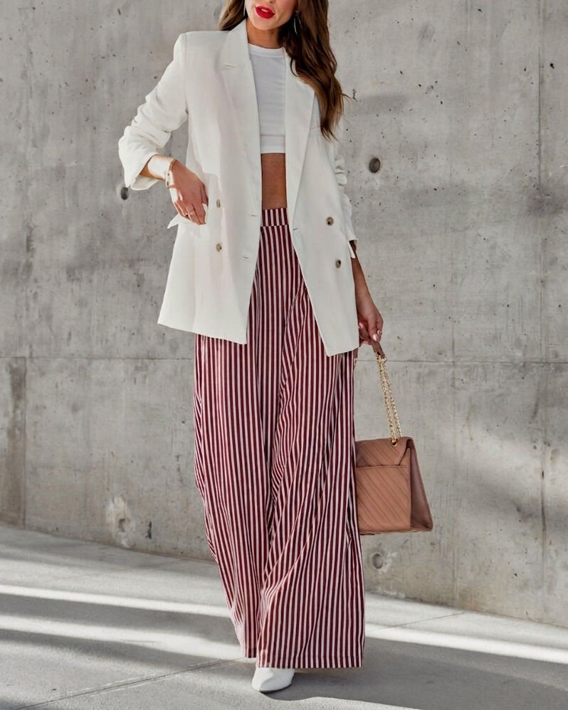 BURGUNDY-ECRU-STRIPED PANTS L - BURGUNDY-ECRU-STRIPED