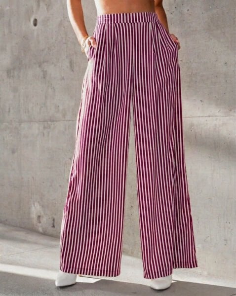 BURGUNDY-ECRU-STRIPED PANTS L - BURGUNDY-ECRU-STRIPED